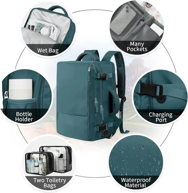 Alt view image 4 of 7 - Hanples Extra Large Travel Backpack for Women as Person Item Flight Approved, 40L Carry On Backpack, 17.3 Inch Laptop Backpack, Waterproof Backpack, Hiking Backpack, Casual Bag(Peacock Blue)