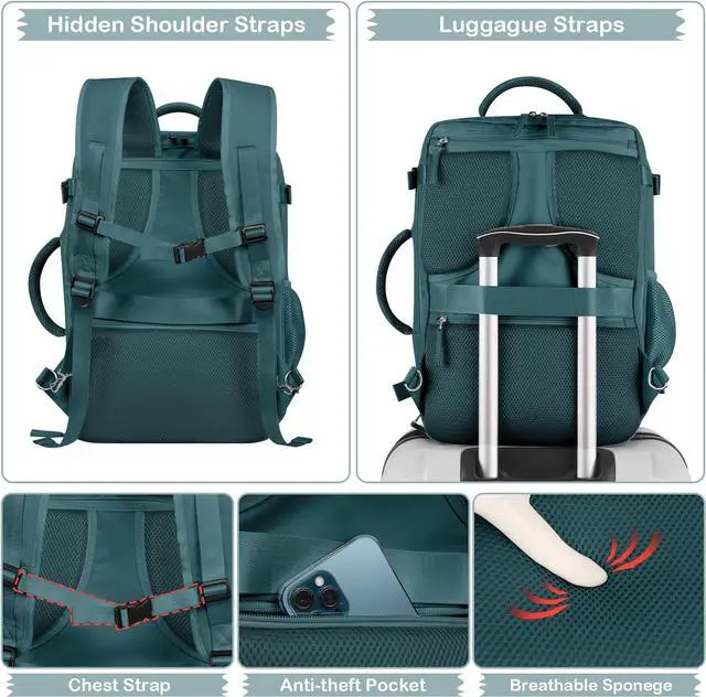 Alt view image 5 of 7 - Hanples Extra Large Travel Backpack for Women as Person Item Flight Approved, 40L Carry On Backpack, 17.3 Inch Laptop Backpack, Waterproof Backpack, Hiking Backpack, Casual Bag(Peacock Blue)