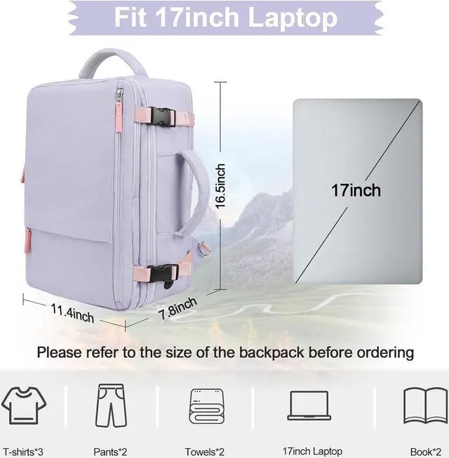 Alt view image 3 of 7 - Hanples Travel Backpack for Women as Person Item Flight Approved, Large Carry On Backpack, 17.3 Inch Laptop Backpack, Waterproof Backpack, Hiking Backpack, Casual Bag (Purple)