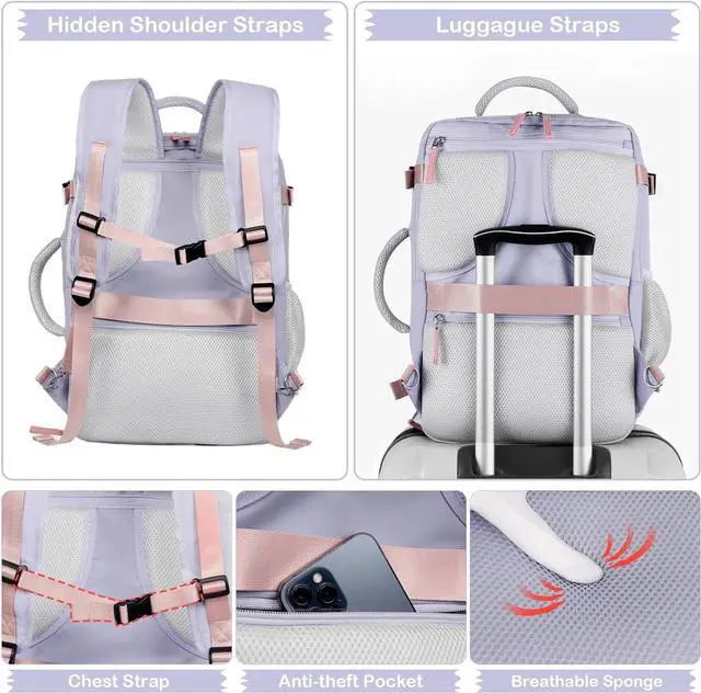 Alt view image 5 of 7 - Hanples Travel Backpack for Women as Person Item Flight Approved, Large Carry On Backpack, 17.3 Inch Laptop Backpack, Waterproof Backpack, Hiking Backpack, Casual Bag (Purple)