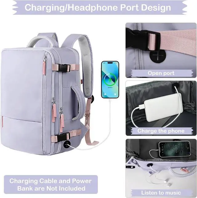 Alt view image 6 of 7 - Hanples Travel Backpack for Women as Person Item Flight Approved, Large Carry On Backpack, 17.3 Inch Laptop Backpack, Waterproof Backpack, Hiking Backpack, Casual Bag (Purple)