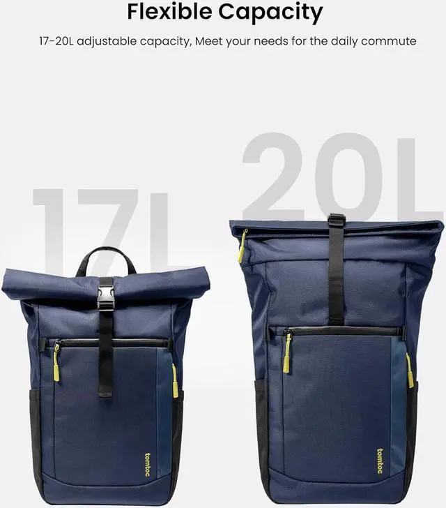 Alt view image 4 of 7 - tomtoc Roll Top Laptop Backpack, Lightweight, Water-Resistant Travel Commute Casual Daypack for 13-16 inch MacBook, Universal 15.6 Laptop, Large Capacity Adjustable 17L-23L, Dark Blue