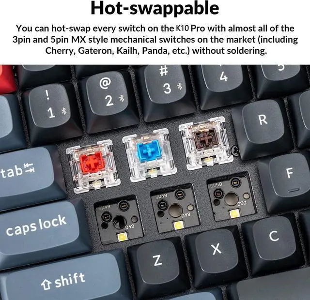 Alt view image 4 of 7 - Keychron K10 Pro QMK/VIA Custom Wireless Mechanical Keyboard, Hot-Swappable Full Size 108 Keys Programmable White LED Backlit Brown Switch, Bluetooth/USB-C Wired Gaming Keyboard for Mac Windows Linux