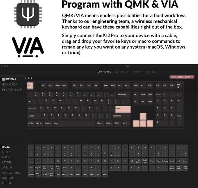 Alt view image 3 of 7 - Keychron K10 Pro QMK/VIA Wireless Custom Mechanical Keyboard, Full Size Programmable Macro with Hot-swappable Keychron K Pro Brown Switch, PBT keycap, for Win/Mac/Linux System,White Backlit