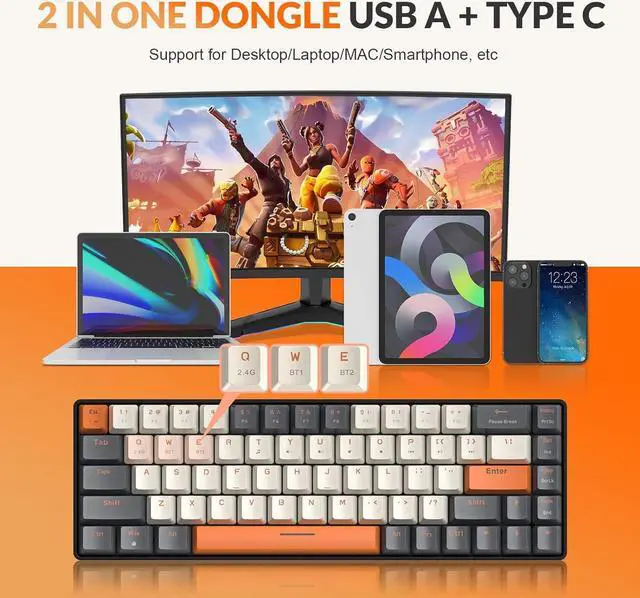 Alt view image 2 of 7 - MAGIC-REFINER RK68 60% Wireless Mechanical Keyboard, Bluetooth 5.0/2.4GHz with Dual Mode 2-in-1 Receiver, Compact 68-Key Hot Swappable Gaming Keyboard, Linear Red Switch for PC Mac Xbox Smartphone