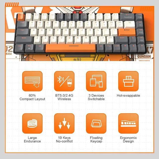 Alt view image 6 of 7 - MAGIC-REFINER RK68 60% Wireless Mechanical Keyboard, Bluetooth 5.0/2.4GHz with Dual Mode 2-in-1 Receiver, Compact 68-Key Hot Swappable Gaming Keyboard, Linear Red Switch for PC Mac Xbox Smartphone