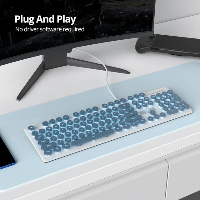 Alt view image 3 of 7 - Full Size Wired Computer Keyboard, Quiet Typewriter Keyboard with Retro Round Keycaps, LED Backlit, Membrane, 104-key for PC, Laptop(Blue)