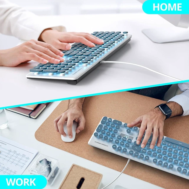 Alt view image 5 of 7 - Full Size Wired Computer Keyboard, Quiet Typewriter Keyboard with Retro Round Keycaps, LED Backlit, Membrane, 104-key for PC, Laptop(Blue)