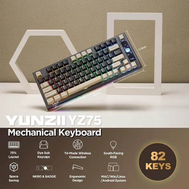 Alt view image 2 of 7 - YUNZII YZ75 75% Hot Swappable Wireless Gaming Mechanical Keyboard, RGB Backlights, BT5.0/2.4G/USB-C, Dye Sub PBT Keycaps for Linux/Win/Mac (Black, Gateron G Pro Red)