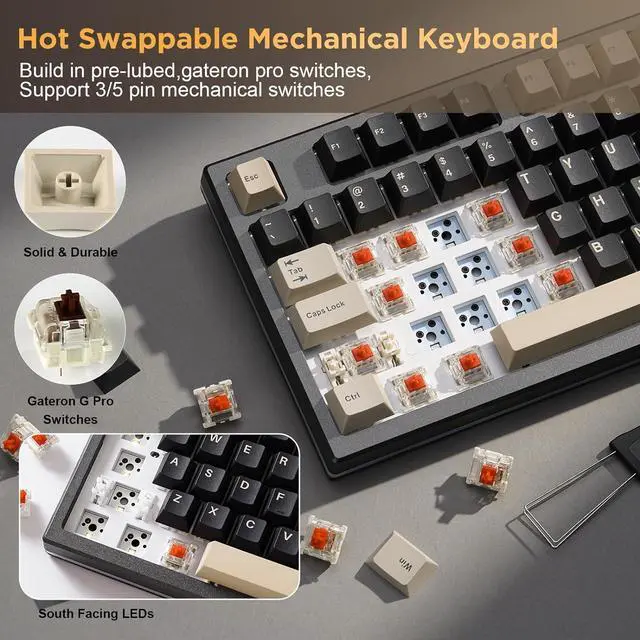 Alt view image 6 of 7 - YUNZII YZ75 75% Hot Swappable Wireless Gaming Mechanical Keyboard, RGB Backlights, BT5.0/2.4G/USB-C, Dye Sub PBT Keycaps for Linux/Win/Mac (Black, Gateron G Pro Red)