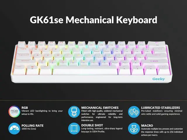 Alt view image 5 of 7 - GK61 SE 60% | Mechanical Gaming Keyboard | 61 Keys Multi Color RGB LED Backlit for PC/Mac Gamer | ANSI US American Layout (White, Mechanical Brown)