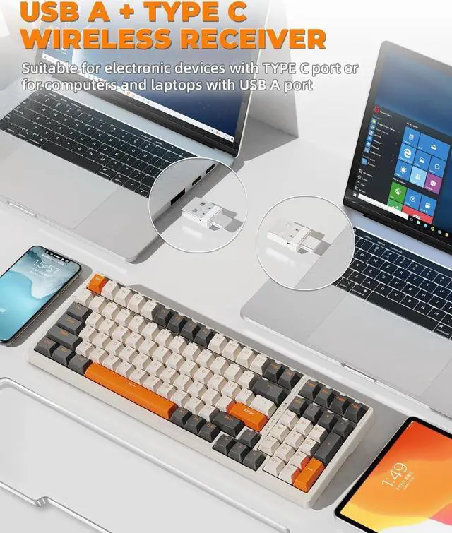 Alt view image 4 of 7 - MAGIC-REFINER RK96 Wireless Mechanical Keyboard, Dual Mode 2.4G/BT5.0 2-in-1 Receiver, 100 Keys Hot Swappable Red Switches Gaming Keyboard with Number Pad for PC Gamers/Mac/Windows