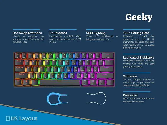 Alt view image 2 of 7 - Geeky GK61 60% | Hot Swappable Mechanical Gaming Keyboard | 61 Keys Multi Color RGB LED Backlit for PC/Mac Gamer | ANSI US American Layout (Black, Mechanical Brown)