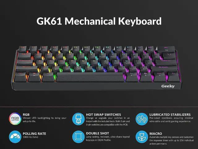 Alt view image 5 of 7 - Geeky GK61 60% | Hot Swappable Mechanical Gaming Keyboard | 61 Keys Multi Color RGB LED Backlit for PC/Mac Gamer | ANSI US American Layout (Black, Mechanical Brown)