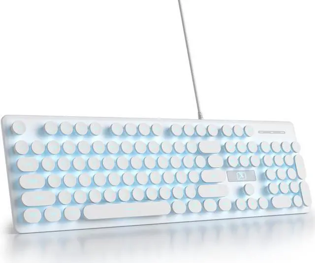 Main image of Mosptnspg Wired Quiet Membrane Keyboard,Full Size 104-Keys Retro Punk Typewriter Blue LED Backlit USB Ultra Slim Gaming Keyboard with ABS Round keycaps for Windows/PC/Laptop(White)