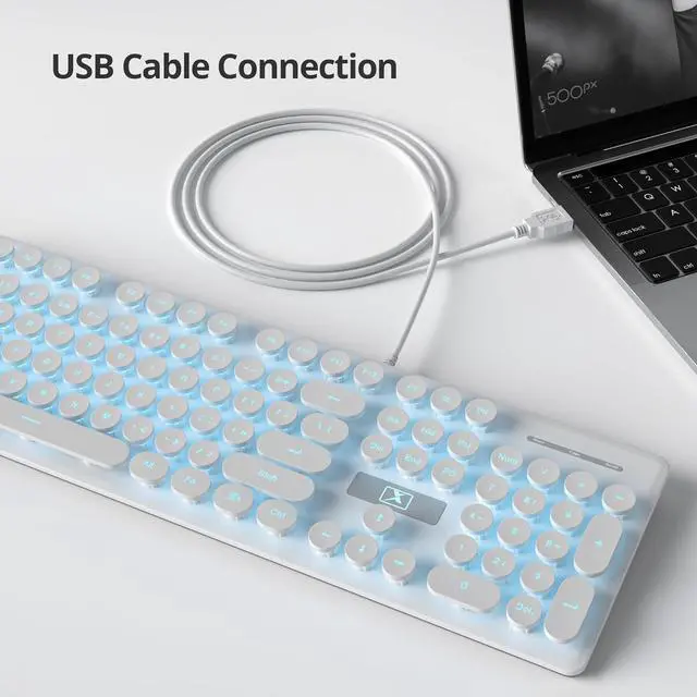 Alt view image 2 of 7 - Mosptnspg Wired Quiet Membrane Keyboard,Full Size 104-Keys Retro Punk Typewriter Blue LED Backlit USB Ultra Slim Gaming Keyboard with ABS Round keycaps for Windows/PC/Laptop(White)