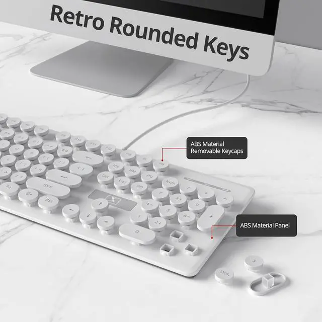 Alt view image 4 of 7 - Mosptnspg Wired Quiet Membrane Keyboard,Full Size 104-Keys Retro Punk Typewriter Blue LED Backlit USB Ultra Slim Gaming Keyboard with ABS Round keycaps for Windows/PC/Laptop(White)