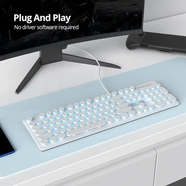 Alt view image 3 of 7 - Mosptnspg Wired Quiet Membrane Keyboard,Full Size 104-Keys Retro Punk Typewriter Blue LED Backlit USB Ultra Slim Gaming Keyboard with ABS Round keycaps for Windows/PC/Laptop(White)