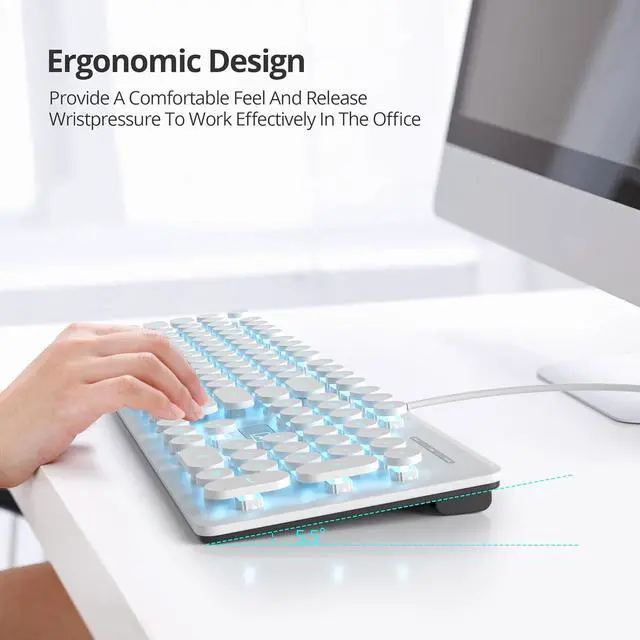 Alt view image 6 of 7 - Mosptnspg Wired Quiet Membrane Keyboard,Full Size 104-Keys Retro Punk Typewriter Blue LED Backlit USB Ultra Slim Gaming Keyboard with ABS Round keycaps for Windows/PC/Laptop(White)
