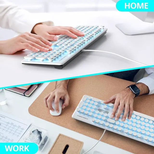 Alt view image 7 of 7 - Mosptnspg Wired Quiet Membrane Keyboard,Full Size 104-Keys Retro Punk Typewriter Blue LED Backlit USB Ultra Slim Gaming Keyboard with ABS Round keycaps for Windows/PC/Laptop(White)
