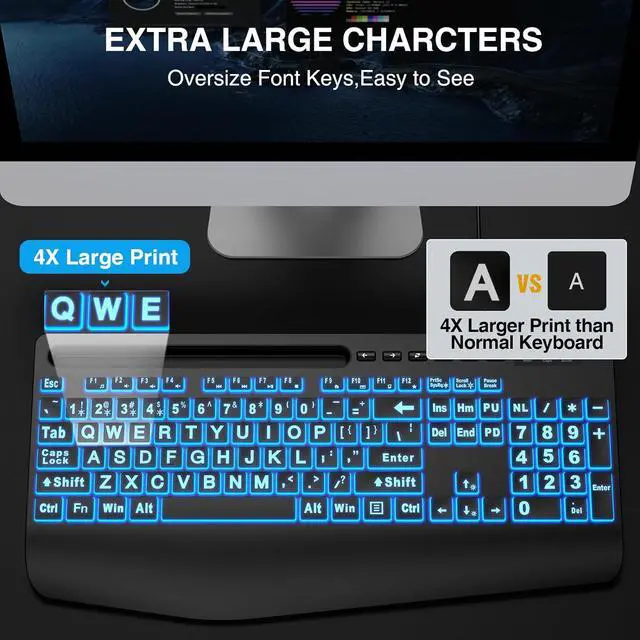 Alt view image 2 of 7 - SABLUTE Large Print Backlit Keyboard with Wrist Rest Wired USB Lighted Computer Keyboard with 7-Color & 4 Modes Backlit, Oversize Letters Keys Easy to See and Type Compatible for PC, Laptop