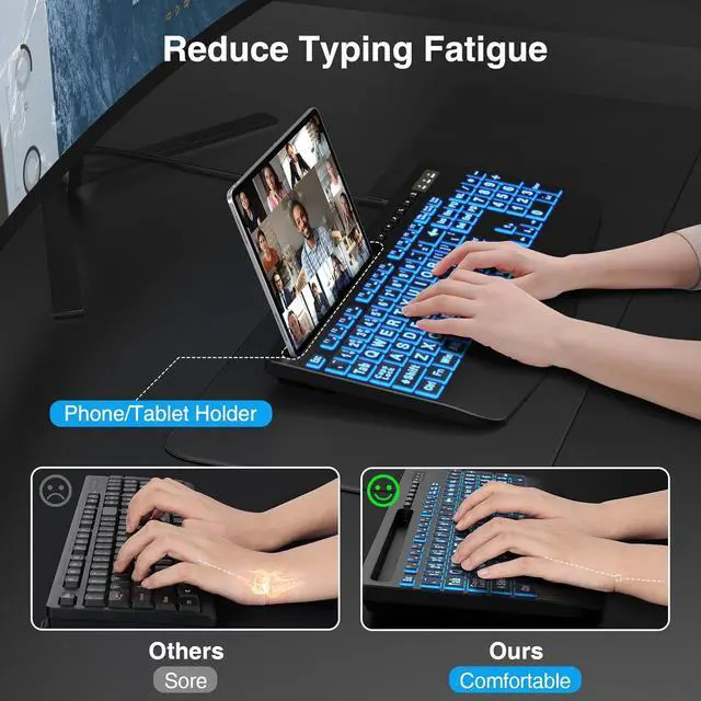 Alt view image 3 of 7 - SABLUTE Large Print Backlit Keyboard with Wrist Rest Wired USB Lighted Computer Keyboard with 7-Color & 4 Modes Backlit, Oversize Letters Keys Easy to See and Type Compatible for PC, Laptop