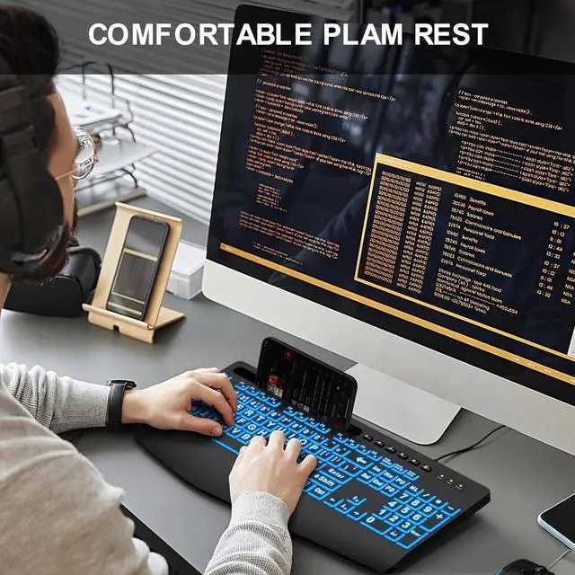 Alt view image 7 of 7 - SABLUTE Large Print Backlit Keyboard with Wrist Rest Wired USB Lighted Computer Keyboard with 7-Color & 4 Modes Backlit, Oversize Letters Keys Easy to See and Type Compatible for PC, Laptop
