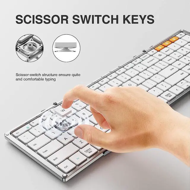 Alt view image 5 of 7 - Foldable Bluetooth Keyboard, XK01 Folding Wireless Portable Keyboard with Numeric Keypad, Full-Size Travel Keyboard for iPad Tablet Smartphone Laptop PC Windows iOS Android, White Silver