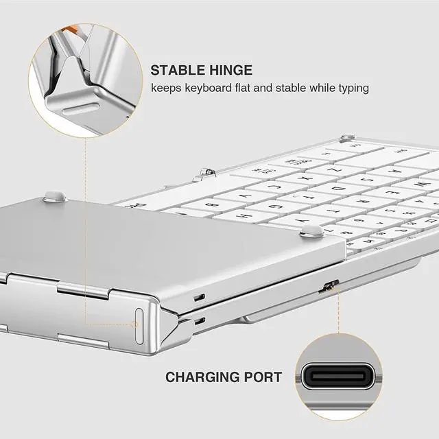 Alt view image 6 of 7 - Foldable Bluetooth Keyboard, XK01 Folding Wireless Portable Keyboard with Numeric Keypad, Full-Size Travel Keyboard for iPad Tablet Smartphone Laptop PC Windows iOS Android, White Silver