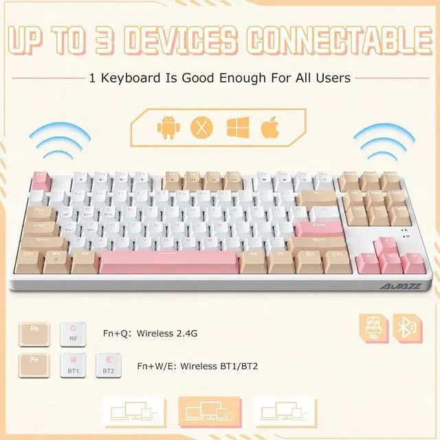 Alt view image 4 of 7 - AK871 75% Wireless Mechanical Keyboard, Bluetooth/2.4G Dual Mode, 87 Keys Compact TKL Hot Swappable Gaming Keyboard, OEM Keycaps Clicky Blue Switch Custom Keyboard for PC Windows Mac (Khaki & White)