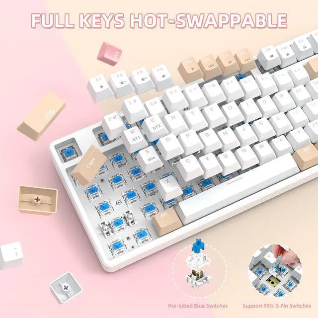 Alt view image 6 of 7 - AK871 75% Wireless Mechanical Keyboard, Bluetooth/2.4G Dual Mode, 87 Keys Compact TKL Hot Swappable Gaming Keyboard, OEM Keycaps Clicky Blue Switch Custom Keyboard for PC Windows Mac (Khaki & White)