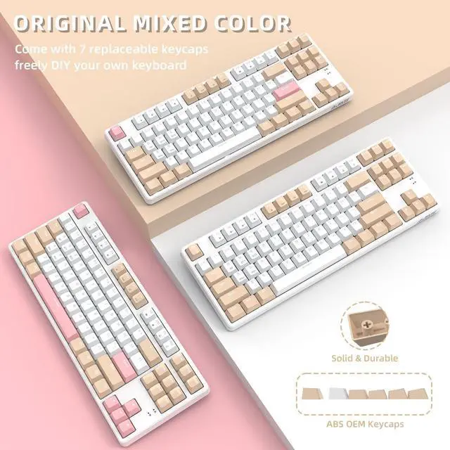 Alt view image 7 of 7 - AK871 75% Wireless Mechanical Keyboard, Bluetooth/2.4G Dual Mode, 87 Keys Compact TKL Hot Swappable Gaming Keyboard, OEM Keycaps Clicky Blue Switch Custom Keyboard for PC Windows Mac (Khaki & White)
