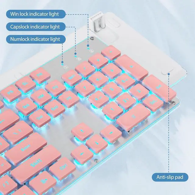 Alt view image 5 of 6 - surmen G1000 Typewriter Backlit Pink Keyboard Full Size 104 Keys with Metal Panel, Silent Membrane Quiet Office Gaming Keyboard USB Wired for PC Desktop Computer(Pink)
