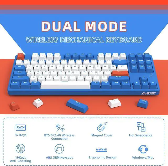 Alt view image 2 of 7 - AK871 75% Wireless Mechanical Keyboard, Bluetooth/2.4G Dual Mode, 87 Keys Compact TKL Hot Swappable Gaming Keyboard, OEM Keycaps Clicky Blue Switch Custom Keyboard for PC Windows Mac (Blue & White)