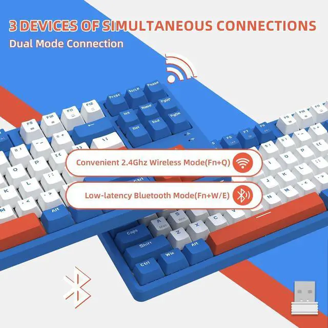 Alt view image 3 of 7 - AK871 75% Wireless Mechanical Keyboard, Bluetooth/2.4G Dual Mode, 87 Keys Compact TKL Hot Swappable Gaming Keyboard, OEM Keycaps Clicky Blue Switch Custom Keyboard for PC Windows Mac (Blue & White)
