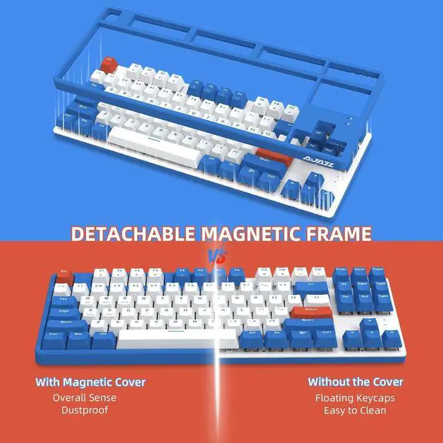 Alt view image 4 of 7 - AK871 75% Wireless Mechanical Keyboard, Bluetooth/2.4G Dual Mode, 87 Keys Compact TKL Hot Swappable Gaming Keyboard, OEM Keycaps Clicky Blue Switch Custom Keyboard for PC Windows Mac (Blue & White)