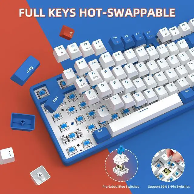 Alt view image 5 of 7 - AK871 75% Wireless Mechanical Keyboard, Bluetooth/2.4G Dual Mode, 87 Keys Compact TKL Hot Swappable Gaming Keyboard, OEM Keycaps Clicky Blue Switch Custom Keyboard for PC Windows Mac (Blue & White)