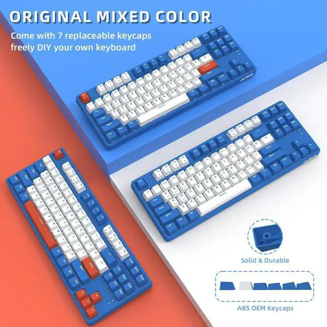 Alt view image 6 of 7 - AK871 75% Wireless Mechanical Keyboard, Bluetooth/2.4G Dual Mode, 87 Keys Compact TKL Hot Swappable Gaming Keyboard, OEM Keycaps Clicky Blue Switch Custom Keyboard for PC Windows Mac (Blue & White)