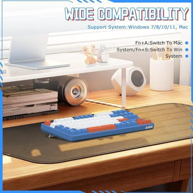 Alt view image 7 of 7 - AK871 75% Wireless Mechanical Keyboard, Bluetooth/2.4G Dual Mode, 87 Keys Compact TKL Hot Swappable Gaming Keyboard, OEM Keycaps Clicky Blue Switch Custom Keyboard for PC Windows Mac (Blue & White)