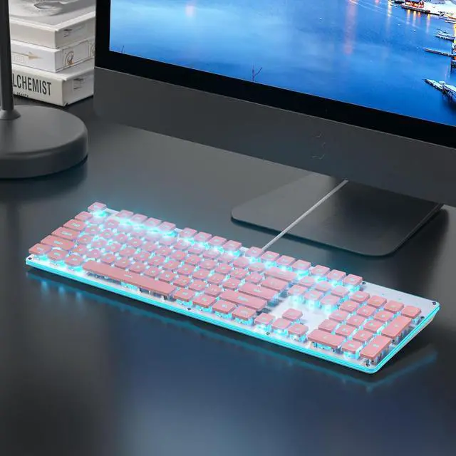 Alt view image 3 of 6 - surmen G1000 Typewriter Backlit Pink Keyboard Full Size 104 Keys with Metal Panel, Silent Membrane Quiet Office Gaming Keyboard USB Wired for PC Desktop Computer(Pink)