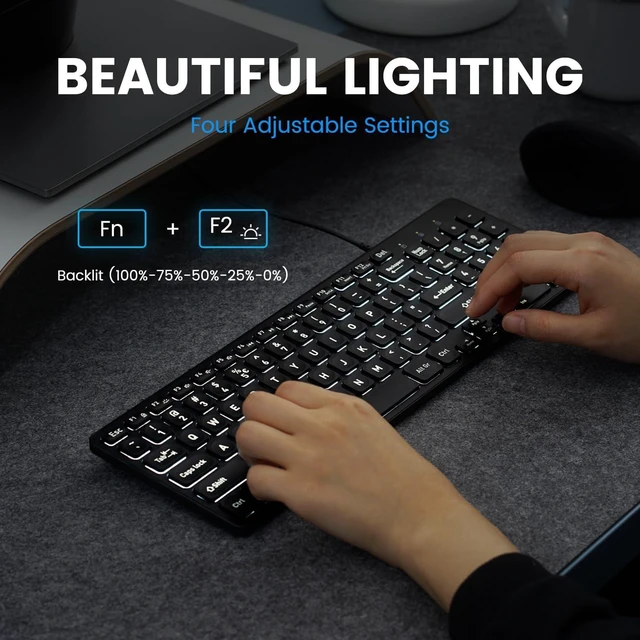 Alt view image 3 of 5 - Perixx PERIBOARD-333B Wired Backlit USB Keyboard- X Type Scissor Keys - Compact 14.25x4.57 Inches - Big Print Letters - White Backlit - US English,11618