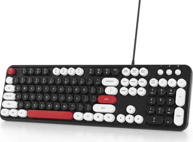 Main image of Owpkeenthy Retro Typewriter Cute Keyboard with Floating Round Keys, Full Size Wired USB Keyboard Click Feeling with Foldable Stands for Laptop Office PC Desktop Windows (Minimalist Black)