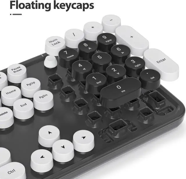 Alt view image 2 of 6 - Owpkeenthy Retro Typewriter Cute Keyboard with Floating Round Keys, Full Size Wired USB Keyboard Click Feeling with Foldable Stands for Laptop Office PC Desktop Windows (Minimalist Black)