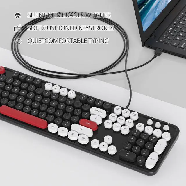 Alt view image 3 of 6 - Owpkeenthy Retro Typewriter Cute Keyboard with Floating Round Keys, Full Size Wired USB Keyboard Click Feeling with Foldable Stands for Laptop Office PC Desktop Windows (Minimalist Black)