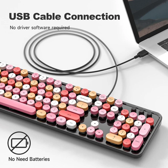 Alt view image 2 of 7 - Atelus USB Wired Computer Keyboard - Retro Typewriter Keyboard - Full Size Office Keyboard with Number Pad, Caps Indicators, Foldable Stands, for PC Laptop Desktop Windows (Black Colorful)