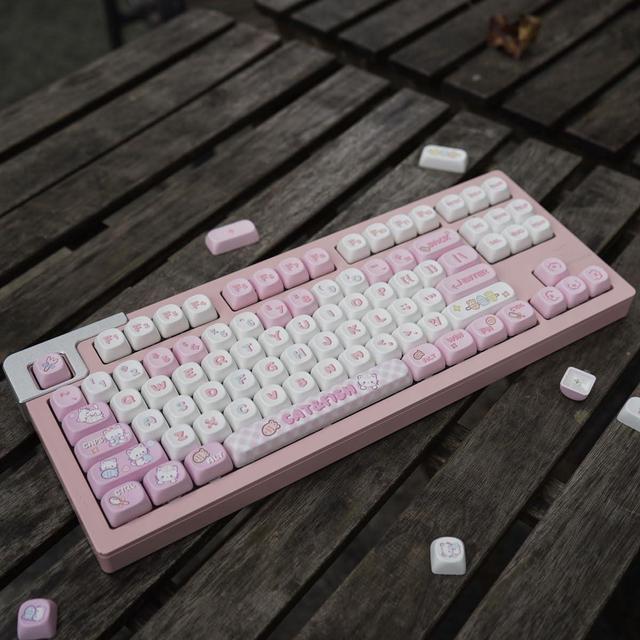 SUEHIODHY Pink White PBT Keycaps Set MOA Profile Cute Cat Keycaps