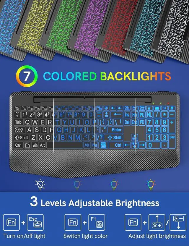 Alt view image 2 of 7 - Wireless Keyboard with 7 Colored Backlits, Wrist Rest, Phone Holder, Rechargeable Ergonomic Computer Keyboard with Silent Keys, Full Size Lighted Keyboard for Windows, Mac, PC, Laptop (Large Print)