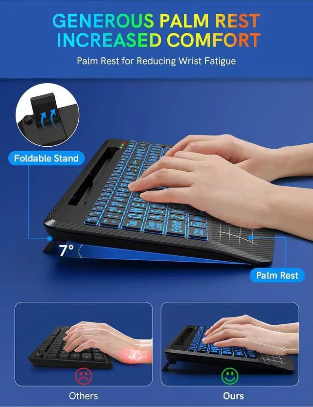 Alt view image 3 of 7 - Wireless Keyboard with 7 Colored Backlits, Wrist Rest, Phone Holder, Rechargeable Ergonomic Computer Keyboard with Silent Keys, Full Size Lighted Keyboard for Windows, Mac, PC, Laptop (Large Print)