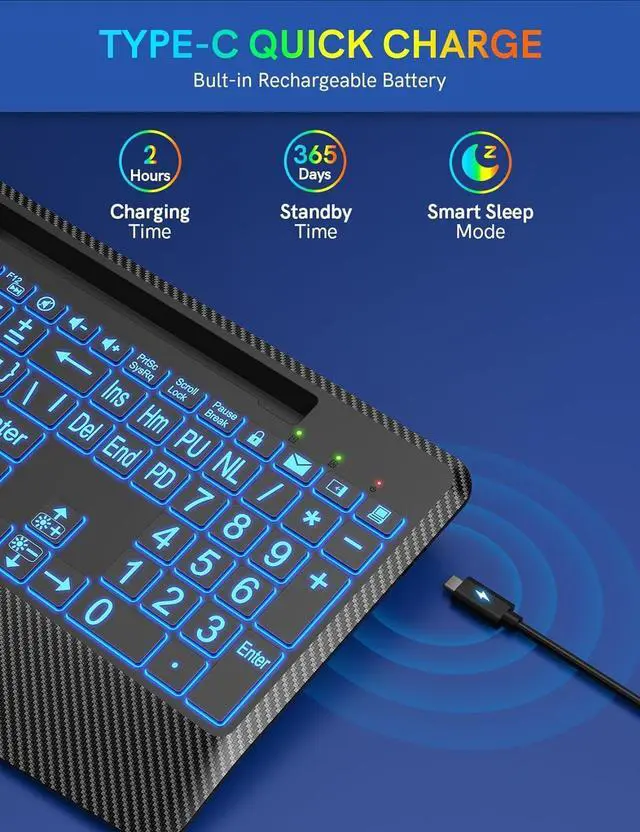 Alt view image 4 of 7 - Wireless Keyboard with 7 Colored Backlits, Wrist Rest, Phone Holder, Rechargeable Ergonomic Computer Keyboard with Silent Keys, Full Size Lighted Keyboard for Windows, Mac, PC, Laptop (Large Print)