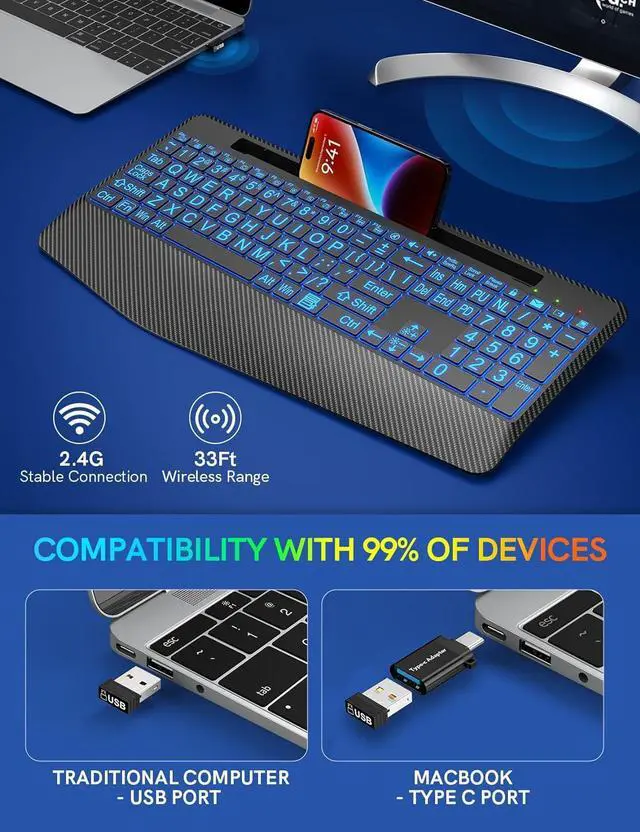 Alt view image 5 of 7 - Wireless Keyboard with 7 Colored Backlits, Wrist Rest, Phone Holder, Rechargeable Ergonomic Computer Keyboard with Silent Keys, Full Size Lighted Keyboard for Windows, Mac, PC, Laptop (Large Print)